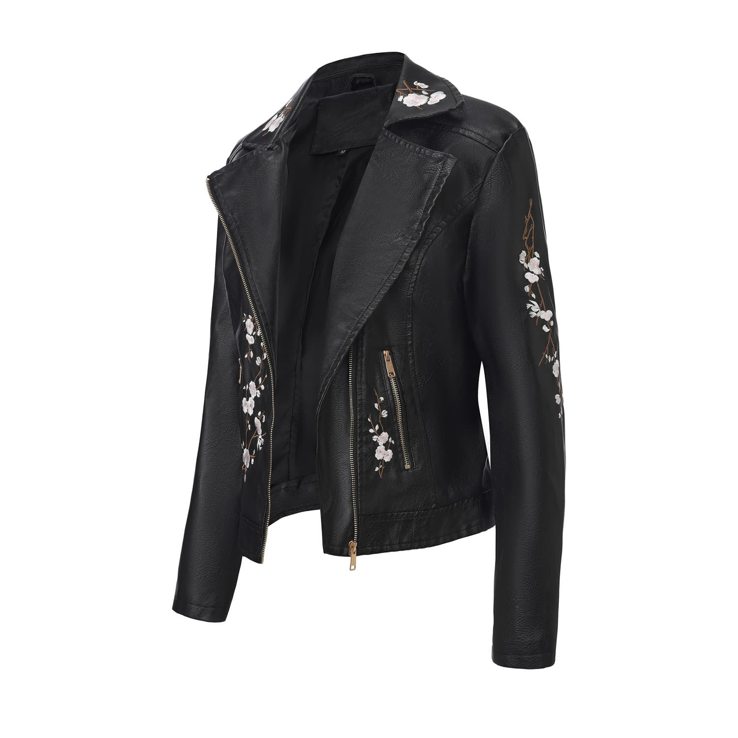 2025 New Embroidered Leather Jacket Diagonal Zip Long Sleeve Spring Autumn Coat European Size Women's Motorcycle Jacket Cross-border Women's Clothing