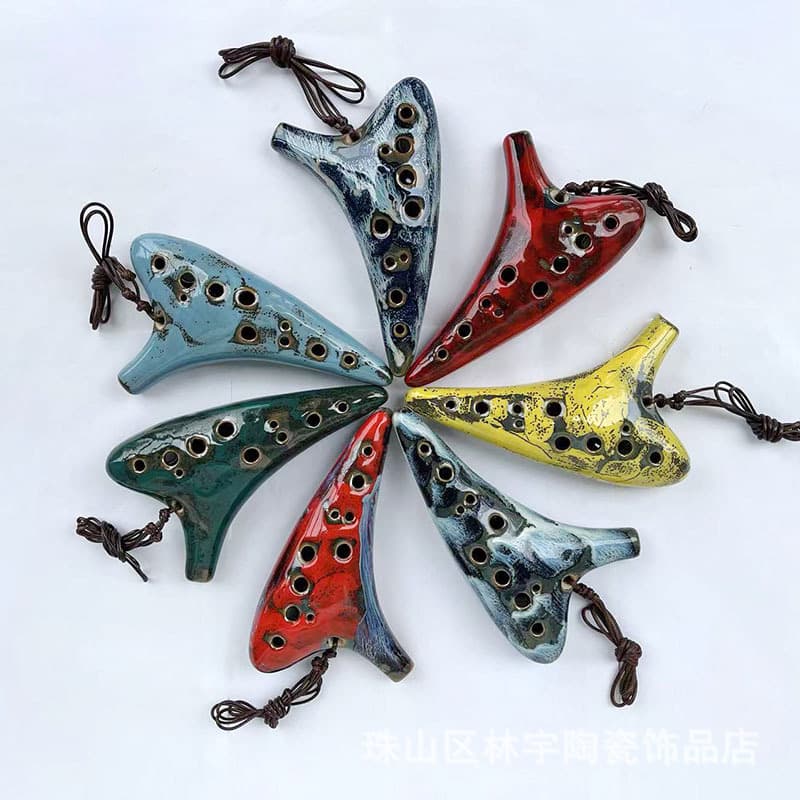 Ocarina Wholesale 12-Hole Ocarina Flute, Kiln-Transformed Glazed Ocarina, Ceramic Craft Ocarina with Teaching Materials