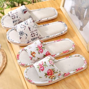 Summer Hotel B&B Women Linen Slippers Pastoral Print Home Indoor Non-Slip Wood Floor EVA Couple Linen Cloth