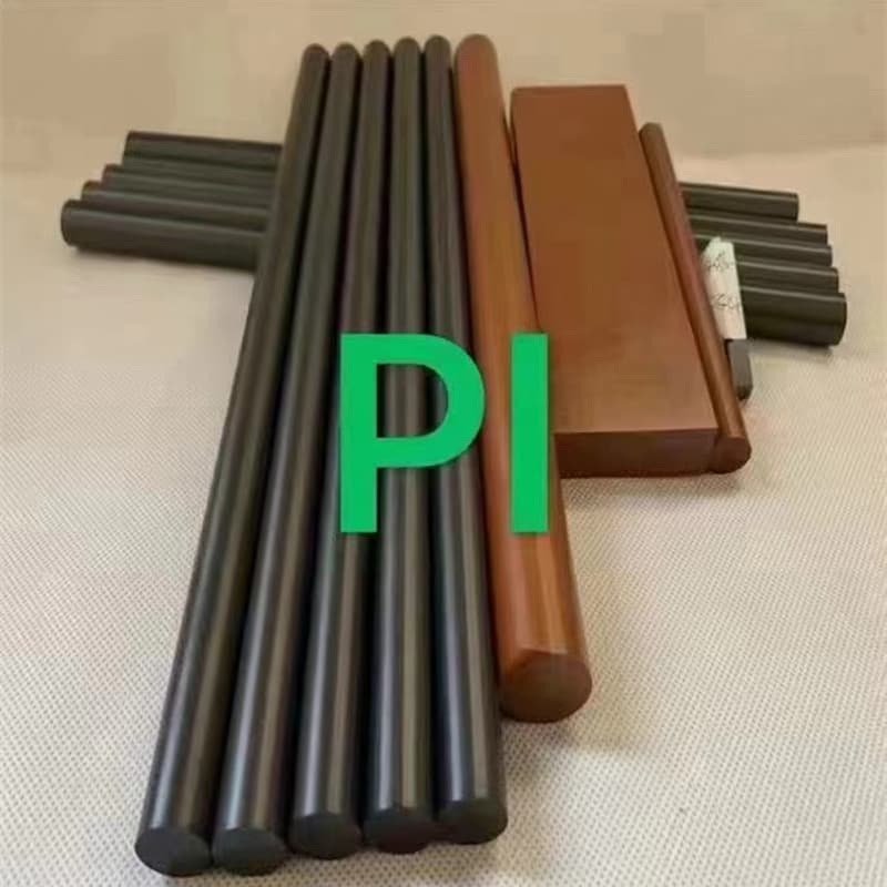 Black PI rods, amber PI rods, US DuPont tan Vespel-SP1 polyimide round rods.