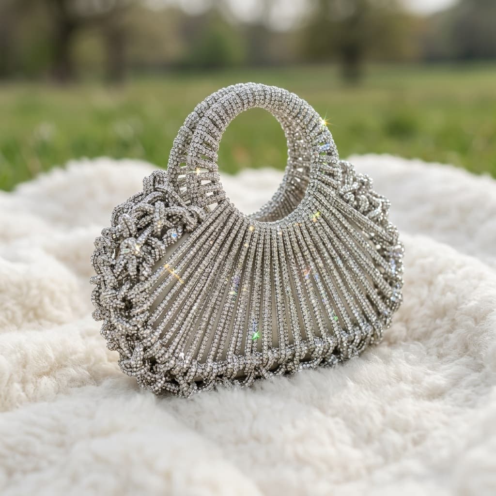 French Shell Hollow Weave Basket Rhinestone Banquet Elegant Luxury Handbag