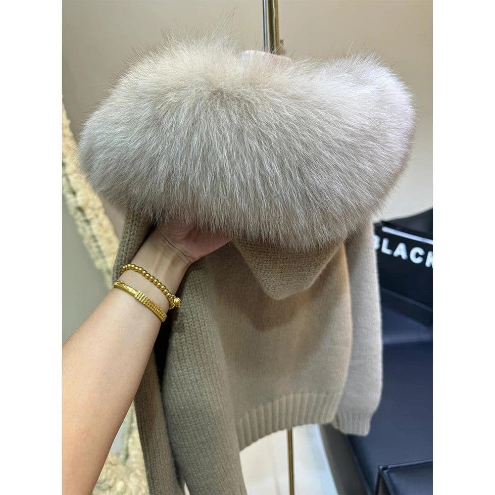 Korean fashionable and temperament large fur collar knitted cardigan for women autumn and winter khaki loose sweater jacket top