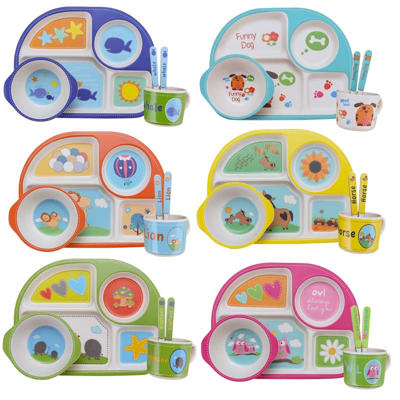 Kids Tableware Set Bamboo Fiber Divided Plate Cute Baby Infant Cartoon Bowl Separated Feeding Utensils