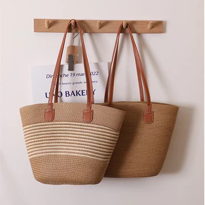 Large Capacity Woven Bag Women's New Striped Fashionable Stylish Shoulder Bag High-End Straw Woven Women's Bag Tote Bag