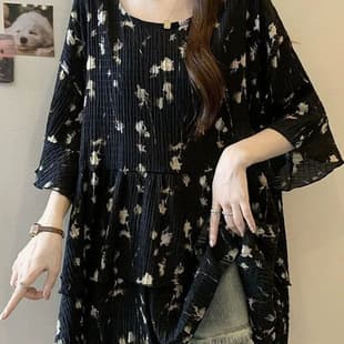 2026 Three-Quarter Sleeve Top Age-Reducing Floral Chiffon Blouse Women Summer Mid-Length Plus Size Fashion Doll Top Fat MM