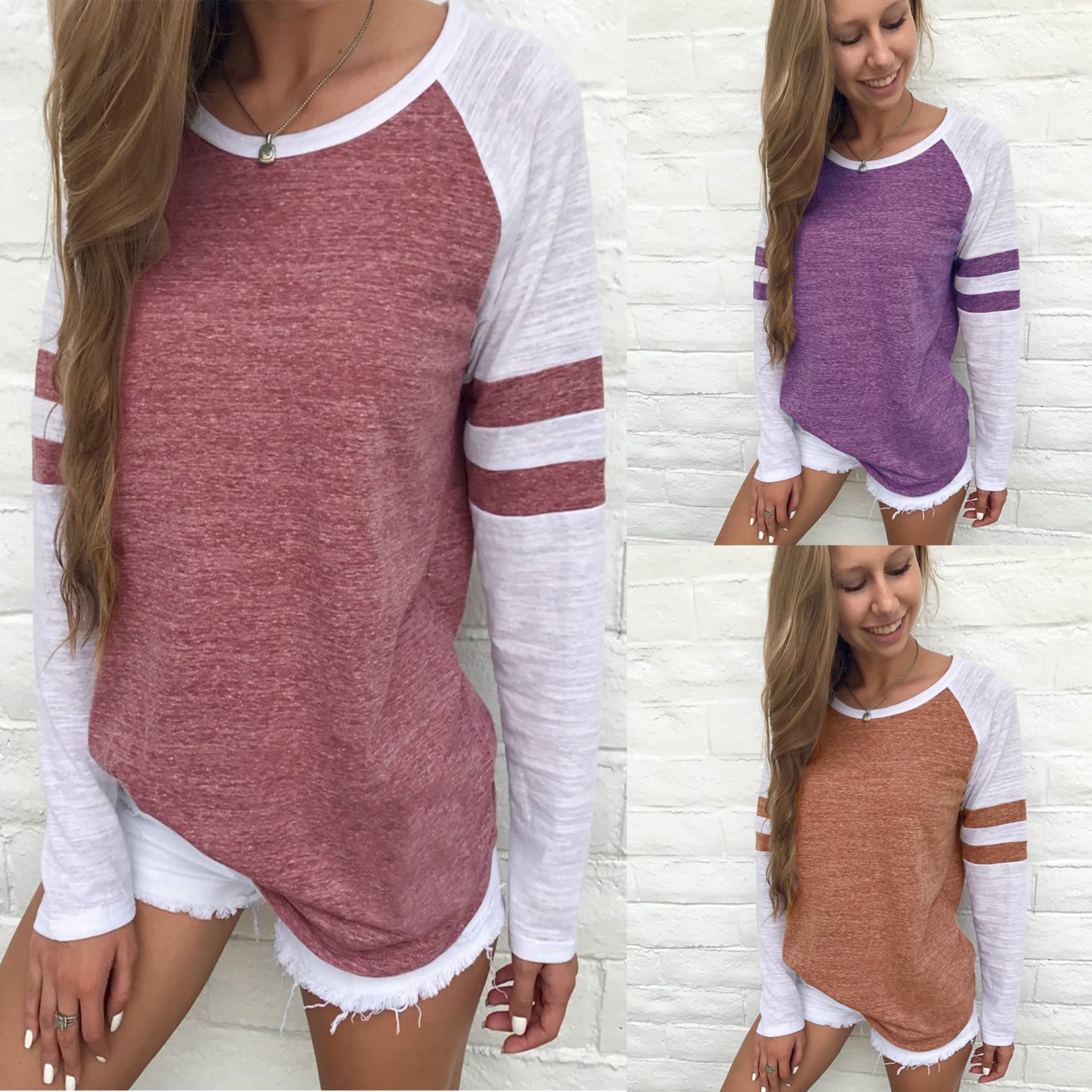 2021 Best-Selling eBay Fashion Three-Color Stripe Patchwork Long-Sleeve T-Shirt, Round Neck Color-Block Top