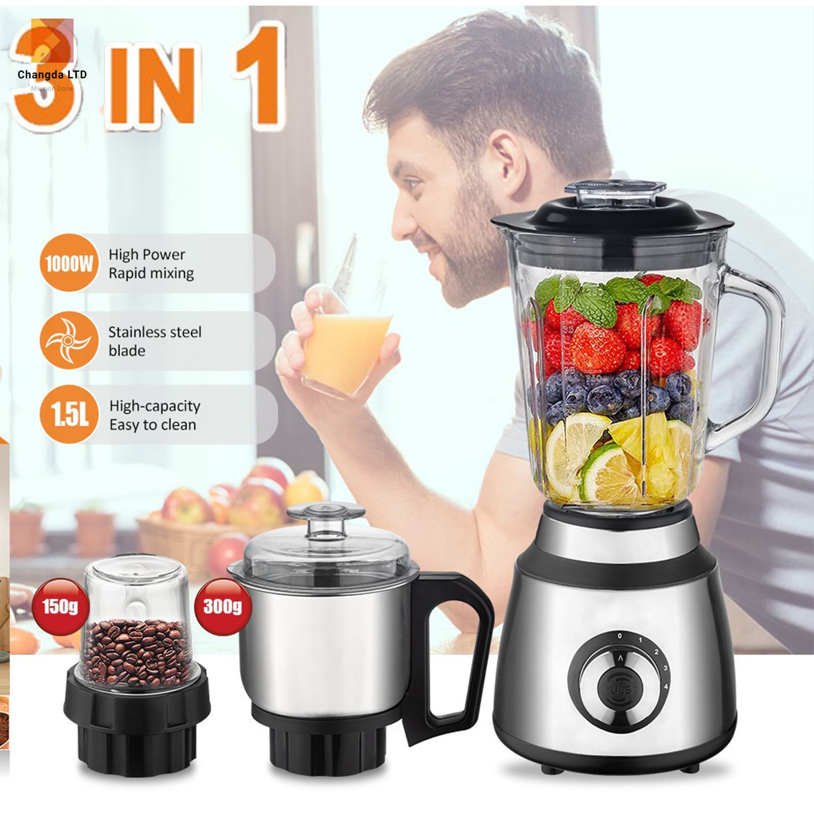 Multifunctional Juicer Cross-Border High-Power 3-in-1 Fruit Juicer Stainless Steel Blade Coffee Grinder