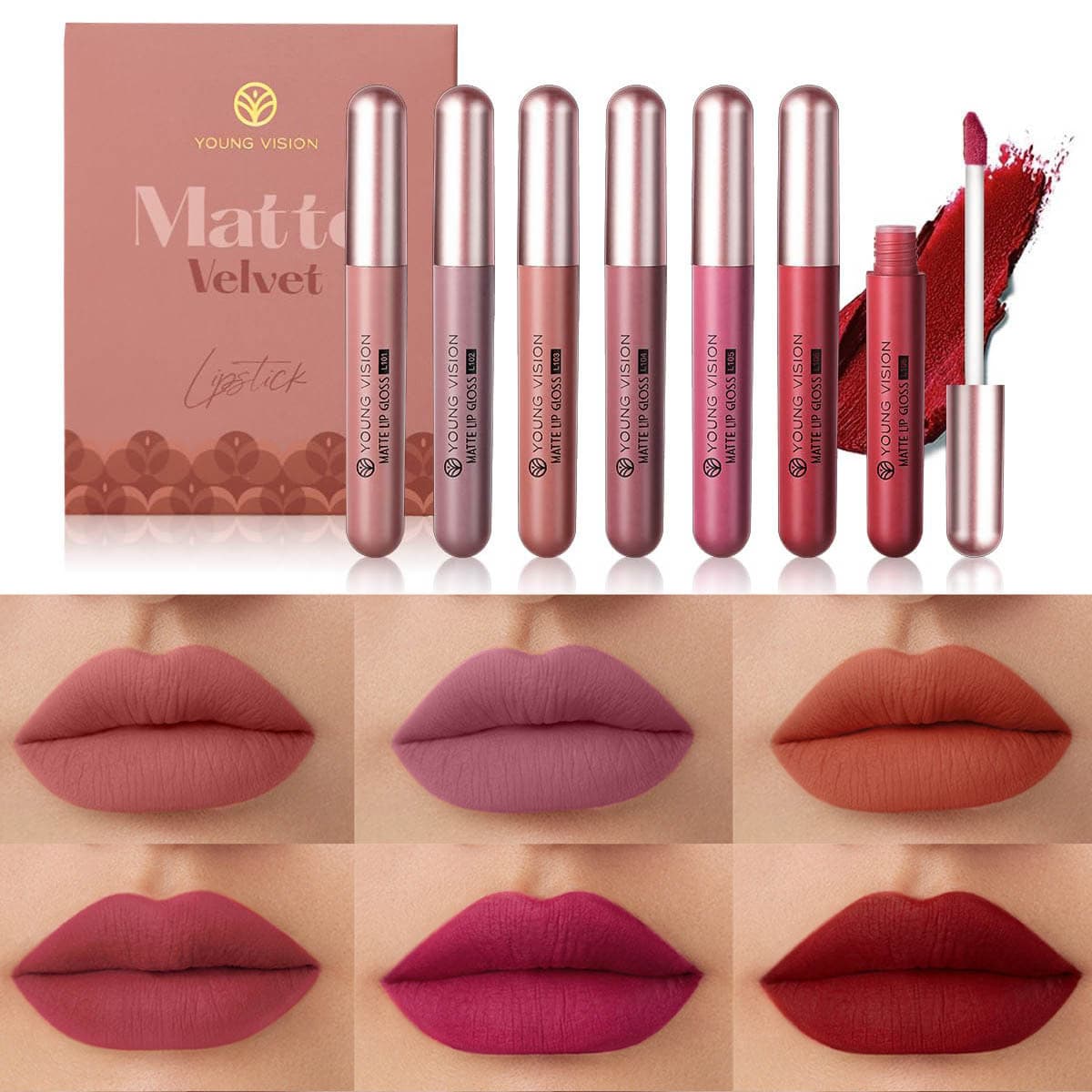 YOUNG VISION 6-piece lip gloss set, matte matte lip gloss set, velvet liquid lipstick