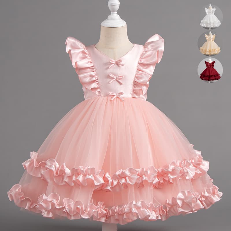 Princess Skirt Children's First Birthday Party Performance Dress Puffy Tulle Fabric Flying Sleeve Elegant Style Baby Girl Dress