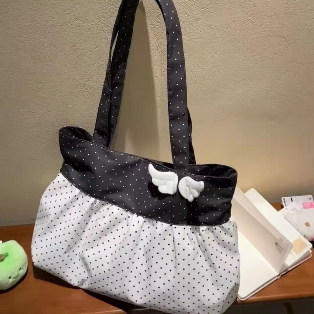 2026 New Korean Style Winged Black and White Polka Dot Shoulder Bag Ins Style Canvas Bag Large Capacity Tote Bag for Commuting