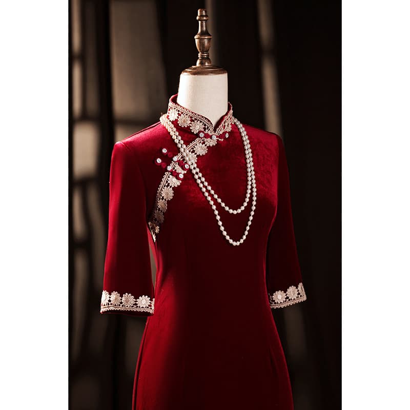Mother of the Bride Wedding Dress Cheongsam Toast Dress Velvet Burgundy Short Sleeve Medium Length