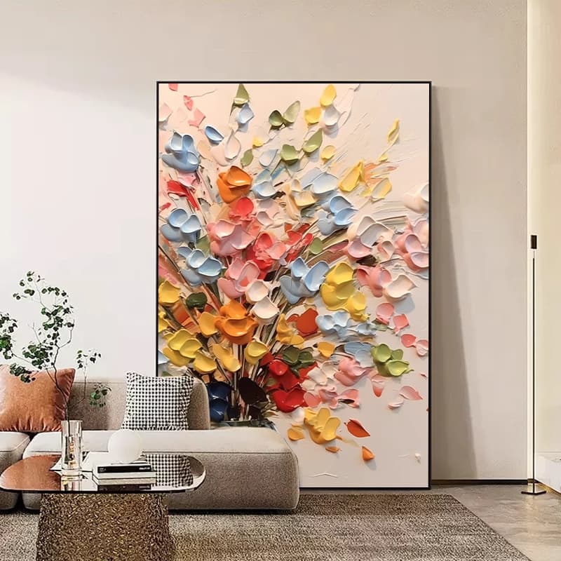 Living Room Decorative Painting with Texture, Floral Wall Art Behind the Sofa, High-End Floor-To-Ceiling Painting, Grand Entranceway Wall Art