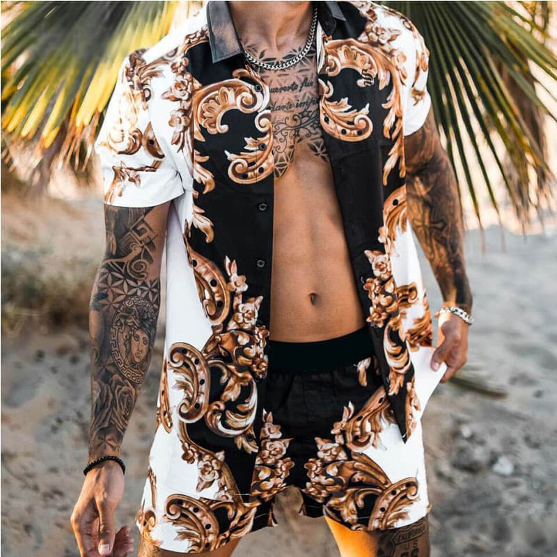 Amazon Cross-border Men's Summer Beach Style Loose Shirt Hawaiian Casual Set Men's Printed Two-Piece Set