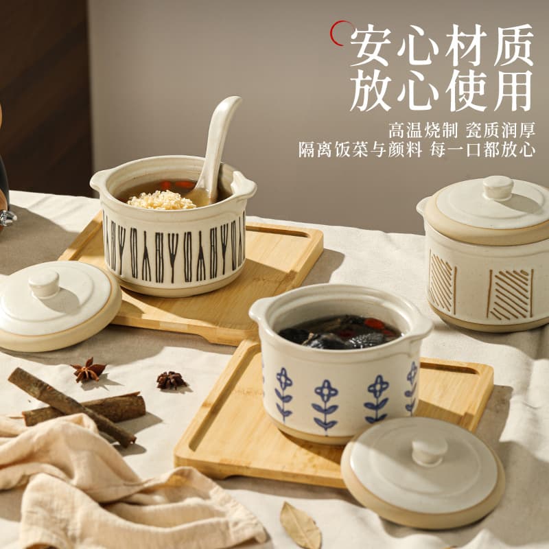 Japanese Double-Handled Stew Pot, Household Ceramic Water-Sealed Stew Bowl with Lid, Single-Serving Creative Stew Pot Inner Liner Steaming Bowl Soup Jar