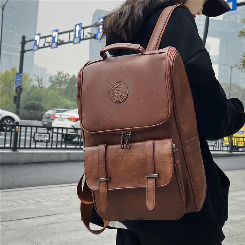 Minimalist Korean Style Large Capacity Soft Leather Backpack for School, PU Leather Laptop Backpack for Men, Casual Backpack for Female College Students