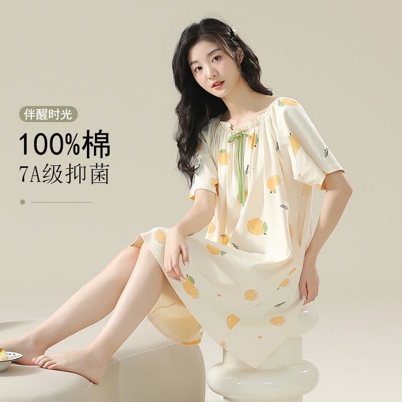 Class A Antibacterial Pure Cotton Nightgown for Women, Summer Short Sleeve Midi Dress, Sweet and Cute Girl's Full Cotton Pajamas