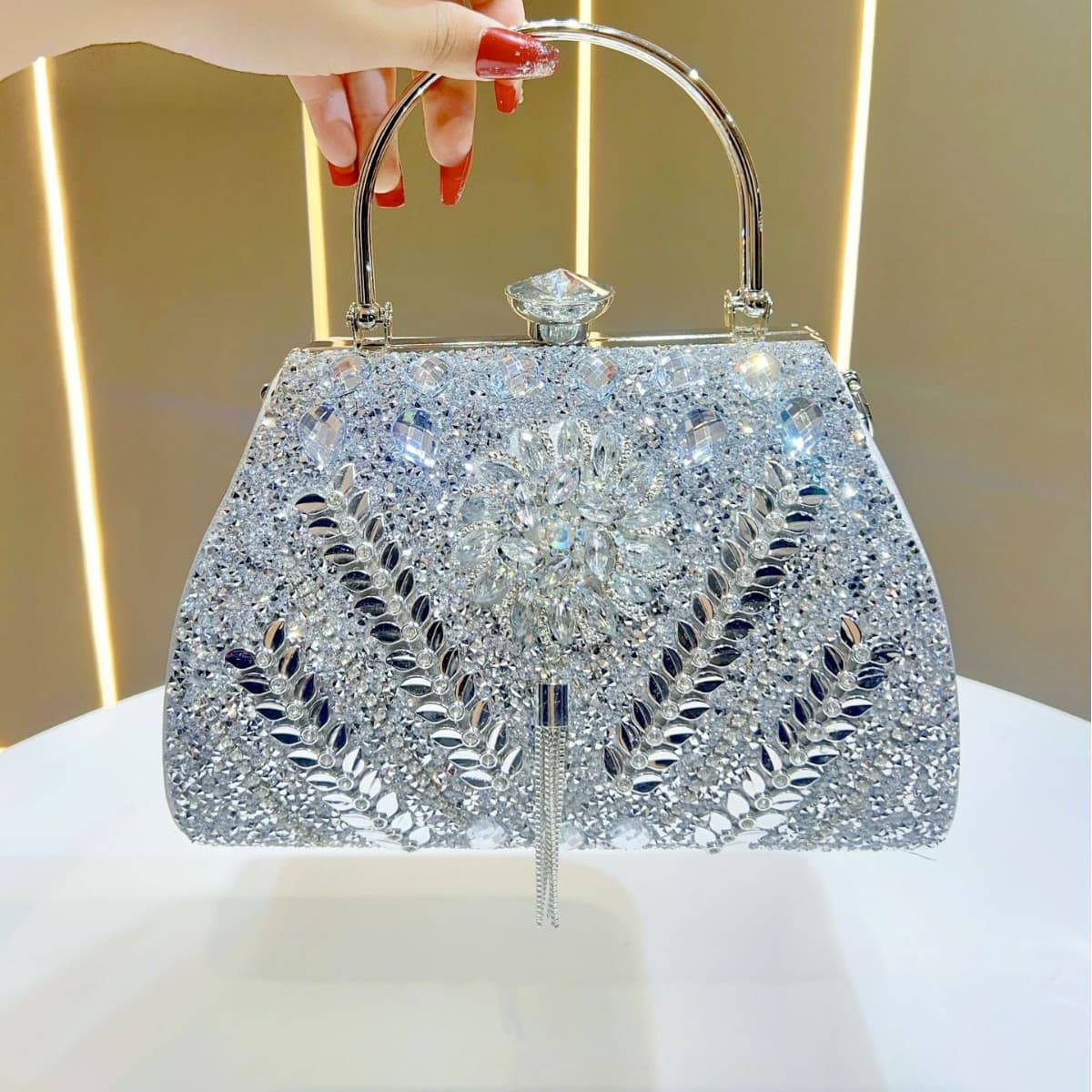 Cross-border Women's Handbag Large Capacity Rhinestone Top Handle Shoulder Crossbody Evening Bag Crystal-Embellished