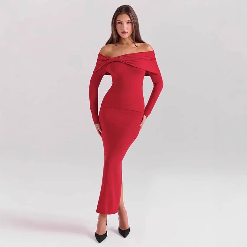 European Autumn/Winter New Women's Sexy Off-Shoulder Slim Long-Sleeve Solid Color Bodycon Split Skirt Set