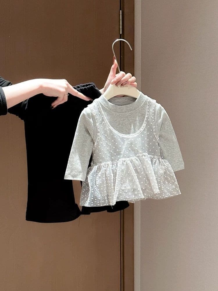 Baby spring style pure cotton long-sleeved bottoming shirt with bell-bottom pants outer suit split two-piece set for baby girl spring clothing