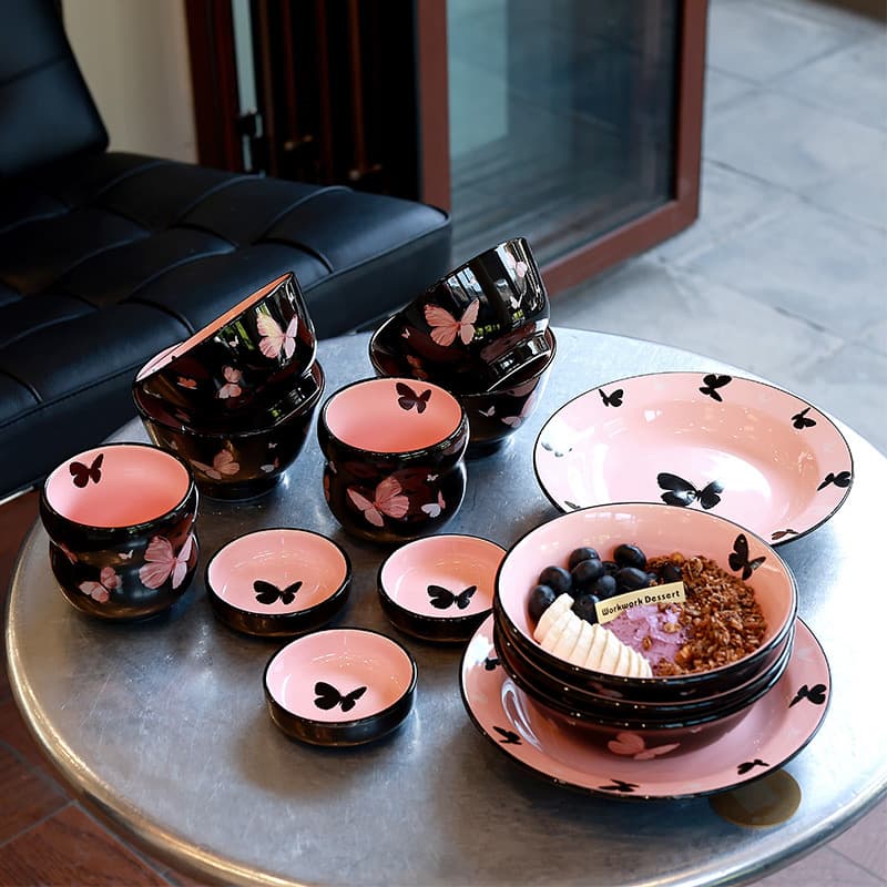 Shane Black Pink Series Butterfly Ceramic Bowls High-Looking Girl Design Household Tableware Wide Mouth Breakfast Bowl
