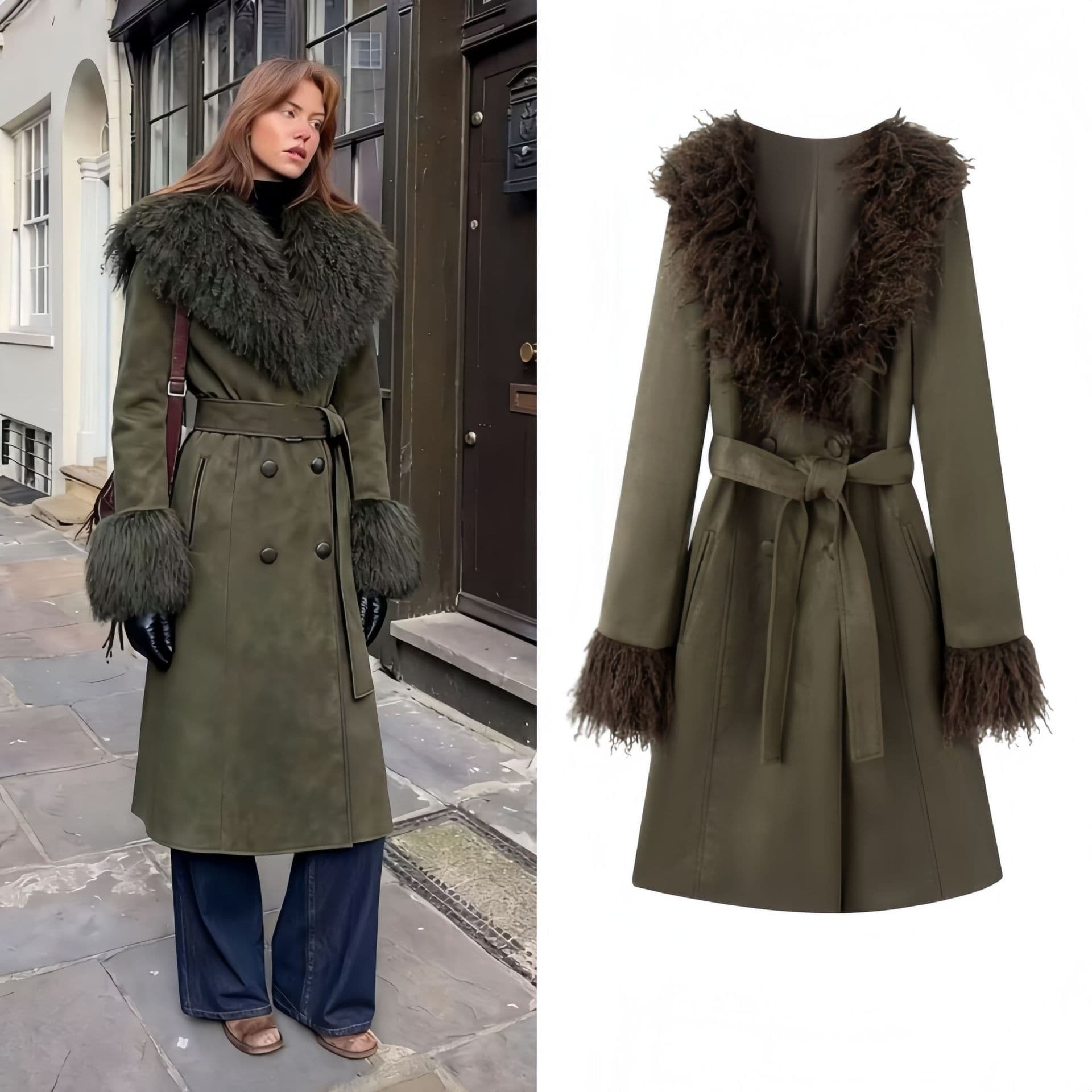PB&ZA Cross-border European and American Women's Fashion 2026 Autumn French Nomadic Style Faux Fur Lapel Double-Breasted Long Trench Coat