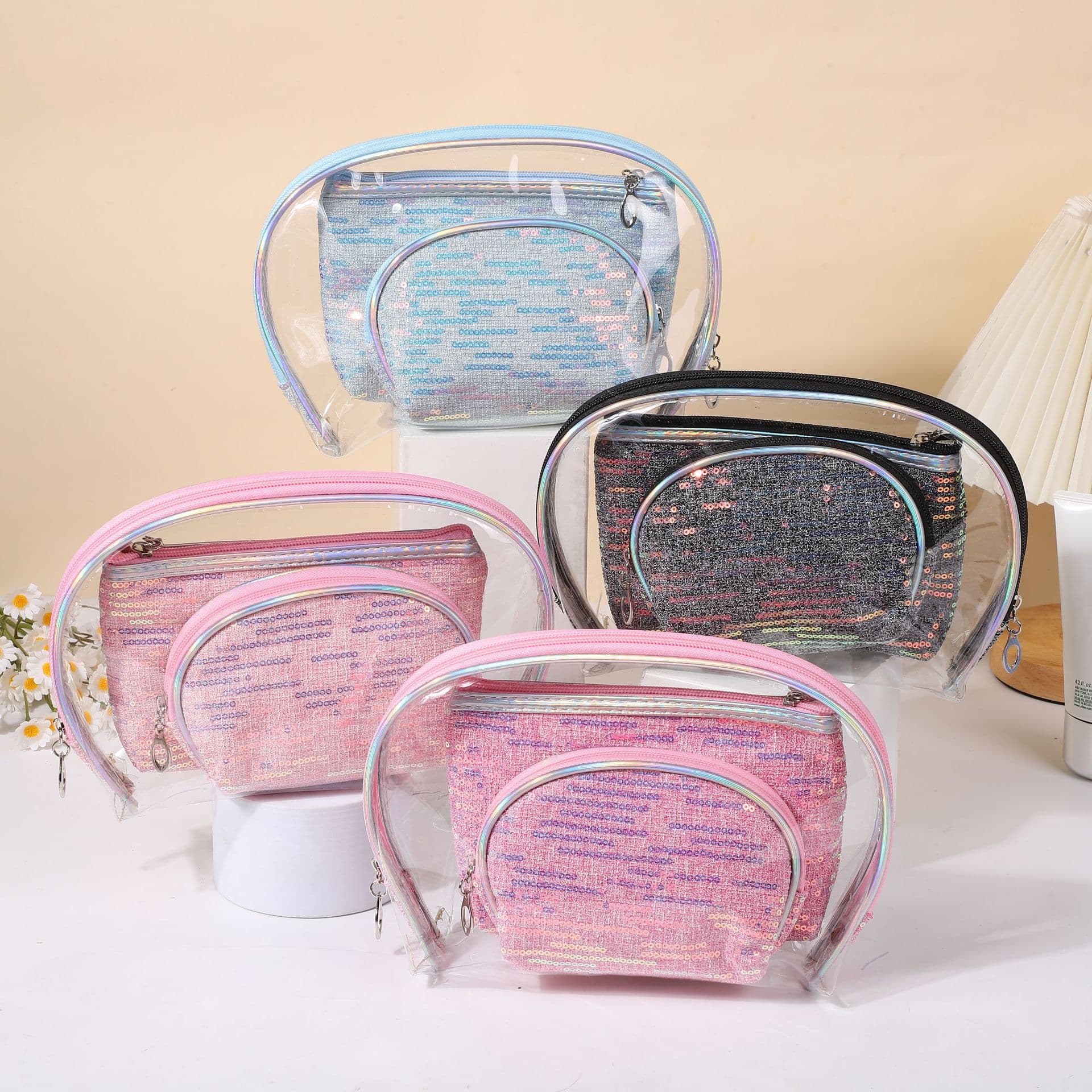 Cross-border cosmetic bag clutch three-piece set transparent PVC large capacity waterproof cosmetic bag portable travel toiletry bag
