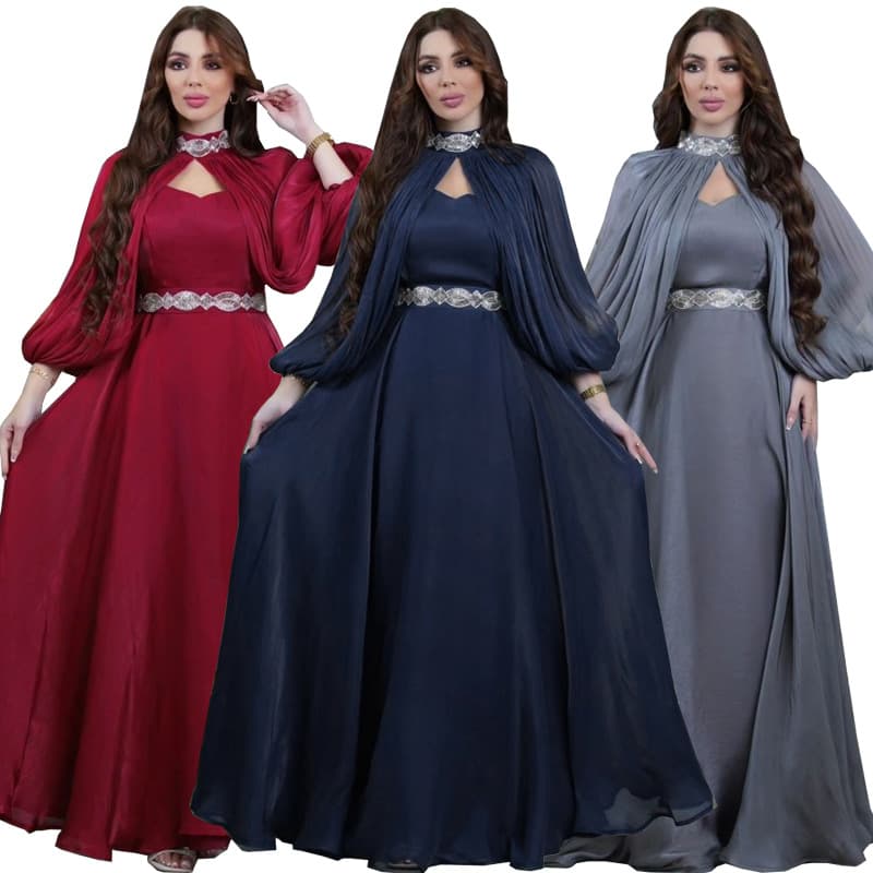 MQ072 New Amazon Cross-Border Women's Two-Piece Set Rhinestone Shiny Thread Fashion Banquet Satin Long Dress