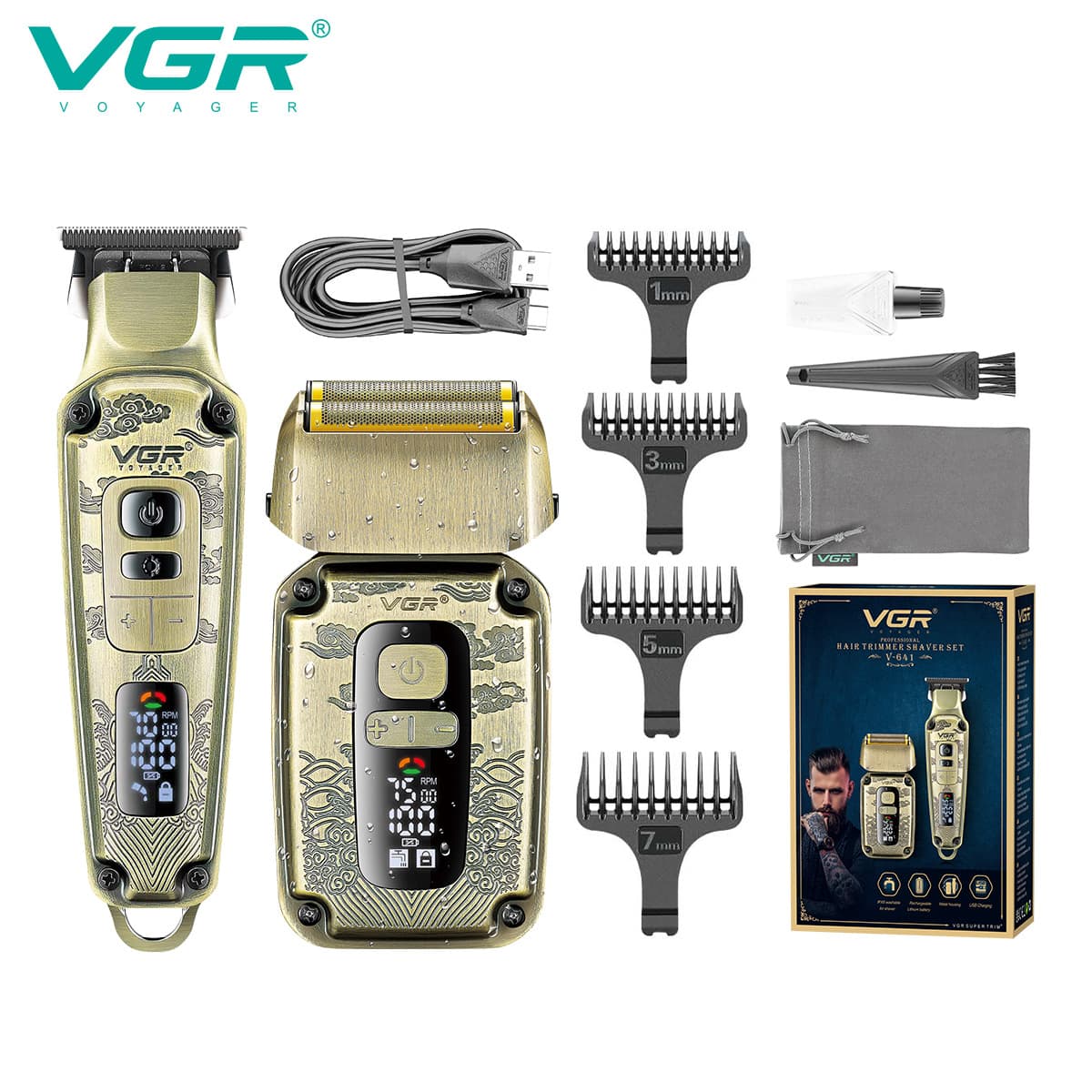 VGR641 cross-border hair clipper oil head carving hair salon launches white bald head whitening device digital display razor care set