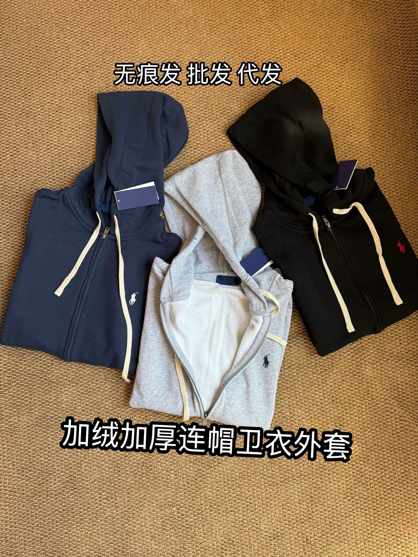 High-Quality Export Ralph RL Fleece Pony Embroidery Hooded Zip-Up Fleece-Lined Thickened Jacket Hoodie Unisex Outerwear