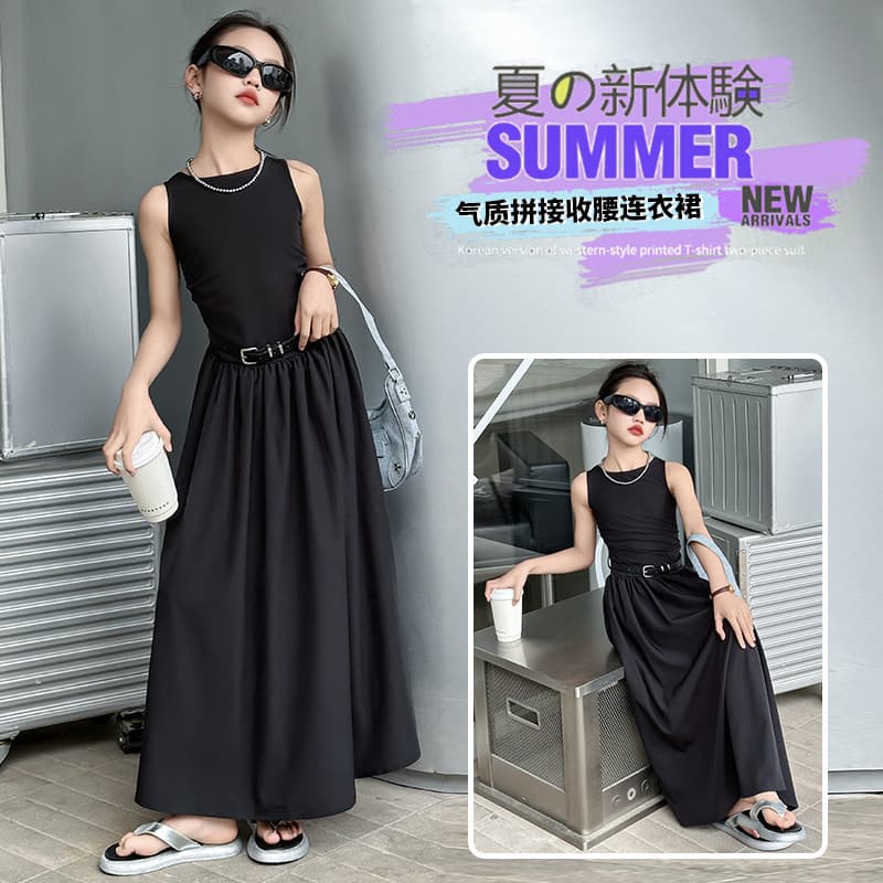 Girls Summer Dress 2025 New Fashion Girl French Waist Hepburn Style Little Black Dress Vest Long Skirt Trendy