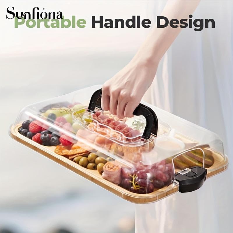 Eco-friendly Bamboo Divided Tray with Safety Acrylic Cover Portable Wooden Dinner Tray for Camping Party Restaurant