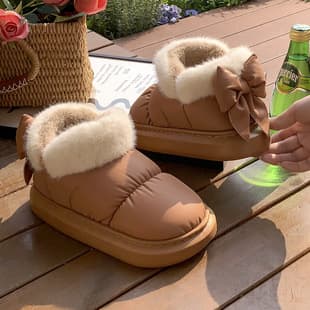Bow Cotton Slippers for Women Winter Heel-Lined Fleece Shoes 2023 New Ins Girl Style Warm Thick Sole Outdoor Wear