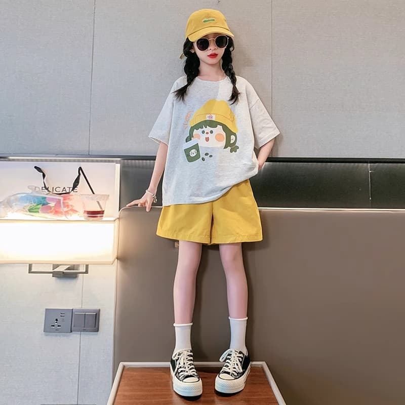 Girls' Summer Short Sleeve Shorts Sportswear Set Big Kids Fashionable Trendy Summer Kids Korean Style Casual Summer Wear