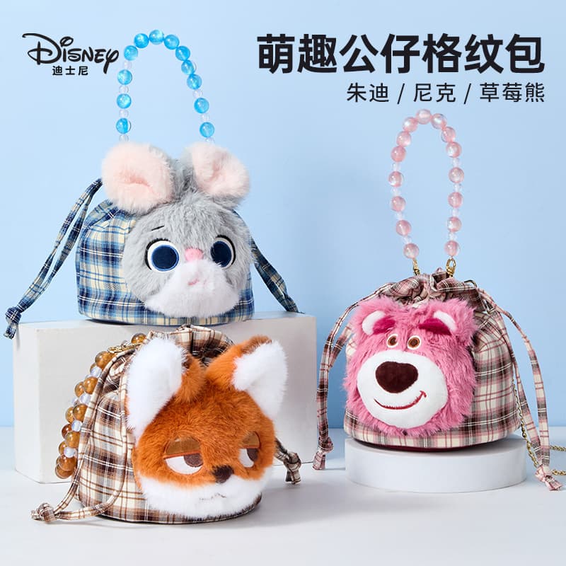 Disney Zootopia Judy Nick Lotso Plush Crossbody Bag Women Beaded Chain Drawstring Bag