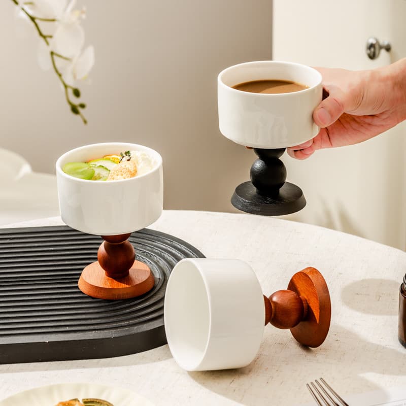 Retro Ceramic Stemware French Ice Cream Cup Ins Pudding Dessert Bowl Household Wooden Base Candle Cup Candle Holder