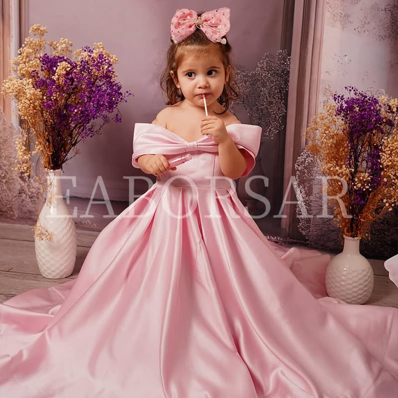 One-Shoulder Satin Princess Dress Pink 2026 New Large Train Children's First Birthday Gown Amazon AliExpress