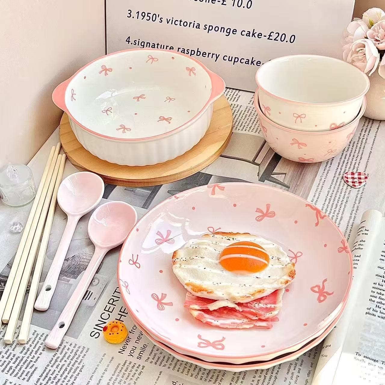 Girls' Heart Ceramic Pink Bow Plate Set Underglaze Color High Temperature Resistant High Aesthetic Dormitory Home Round Plate Rice Bowl