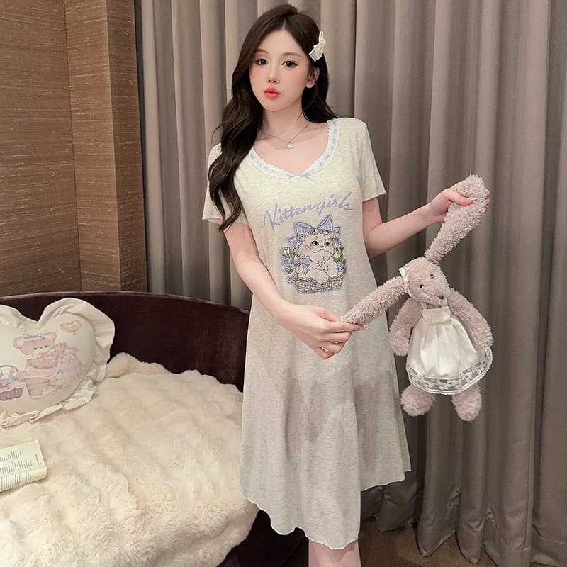 Sleep Dress with Built-in Pads, Cartoon Cat Print Short Sleeve Nightgown for Women, Summer Lightweight Loose Fit Home Dress