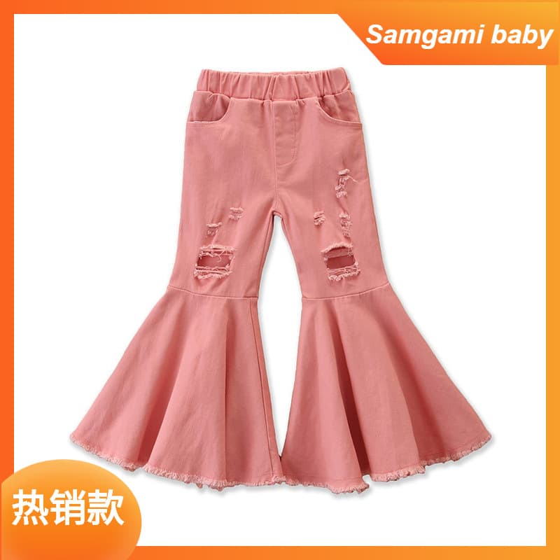 AliExpress Street Girl's Candy Pink Trumpet Jeans ins All-match Children's Fashionable Raw Hem Jeans