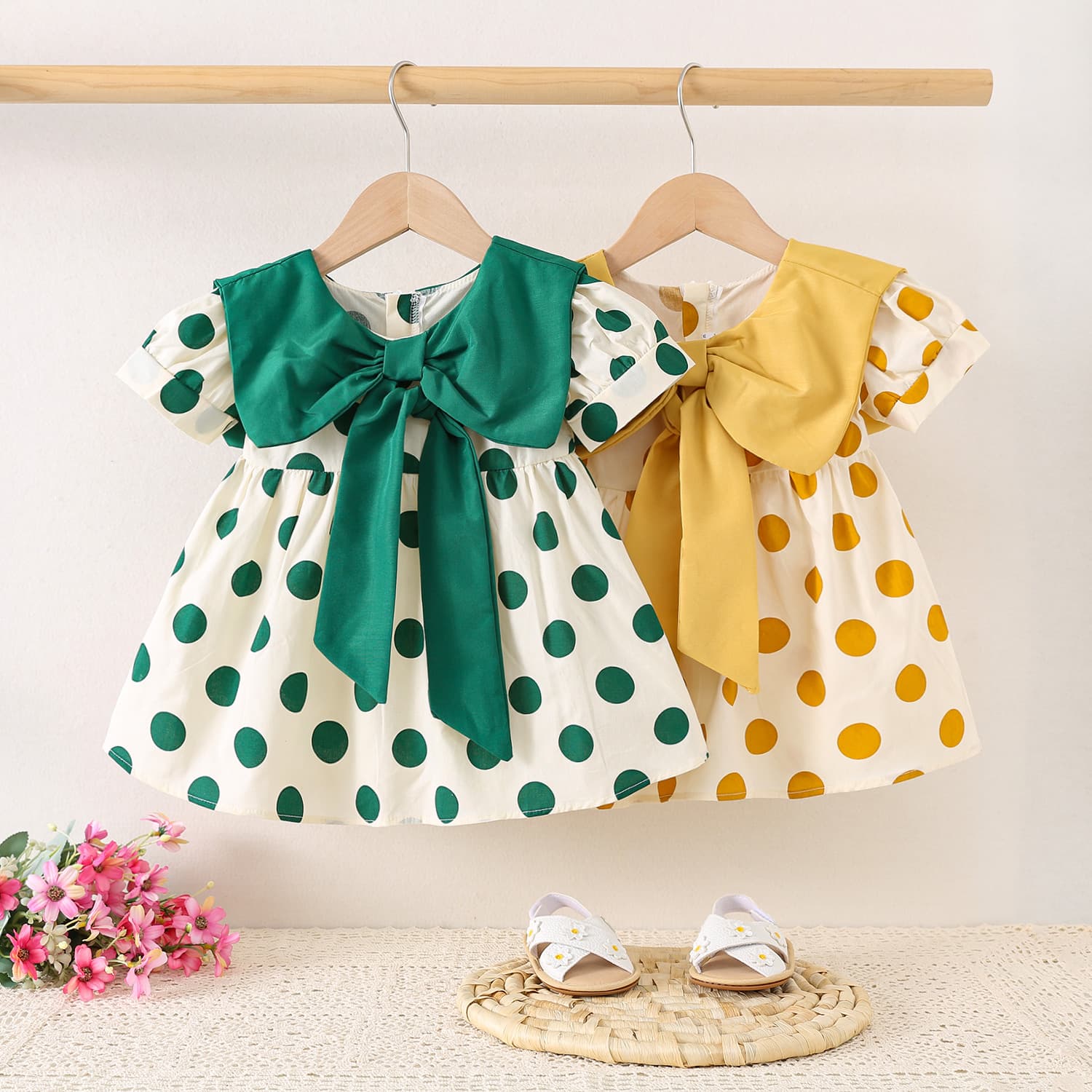 1461 New summer products Baby girl short-sleeved cotton skirt with large lapel and full body polka dot face skirt consignment sale
