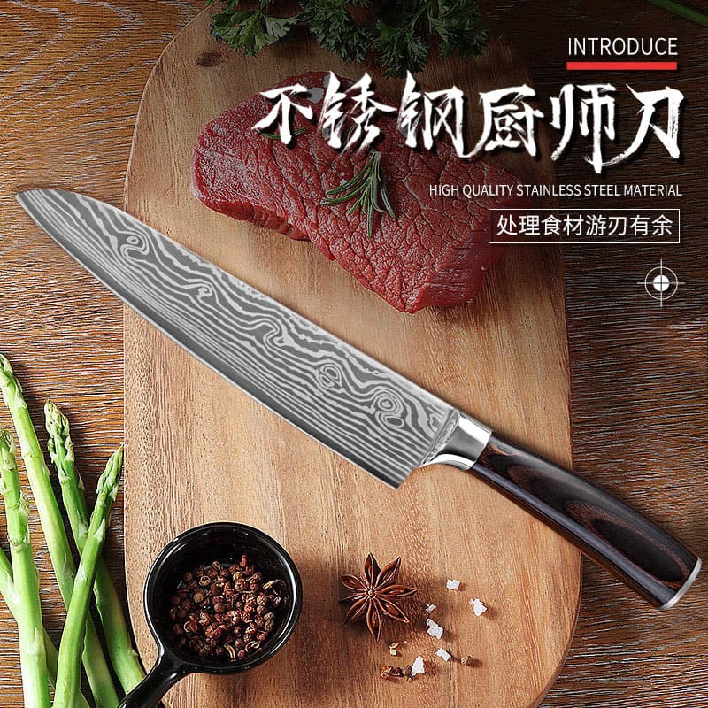 Cross-border Stock Damascus Laser Pattern Chef Knife Bread Knife Stainless Steel Kitchen Knife Cooking Knife