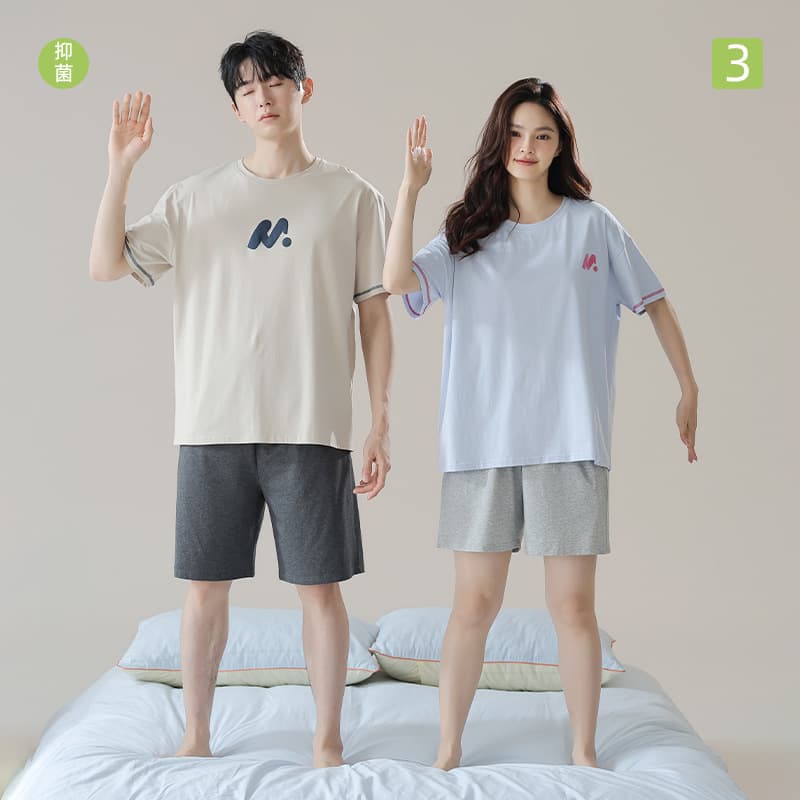 Antibacterial Summer Cotton Pajamas Couple Sleepwear Short Sleeve Lightweight Home Clothes Set for Men And Women Comfortable Breathable Elastic