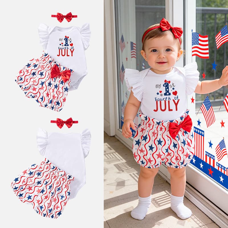 Spring Summer New 2026 Independence Day Party Outfit Baby Girl Spaghetti Strap Bodysuit Shorts Headband 3-Piece Set