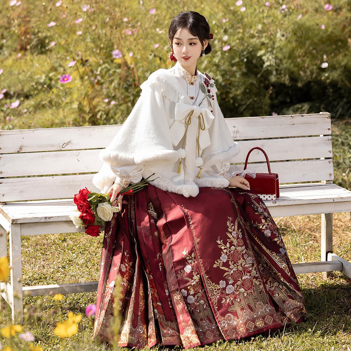 Yimengge Original Snowfield Rose Hanfu Women's Chinese Style Han Element Cape Blouse and Horse-face Skirt Set 9417