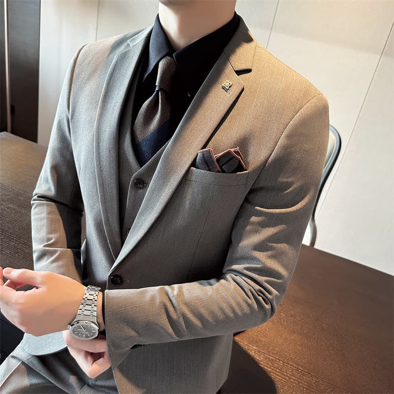 Suit Set Men's Formal Business Wedding Suit Light Coffee Color Korean Style Slim Fit