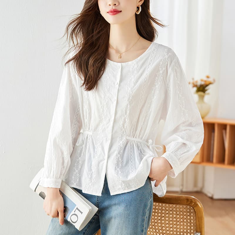 Round Neck Embroidered White Shirt Women Long Sleeve Autumn Design Fashionable Small Series Top Cotton Shirt