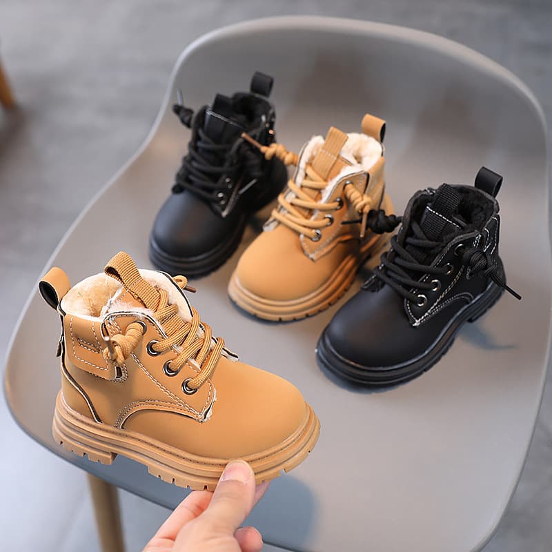 New Winter Children's Warm Martin Boots, Boys' Thick Leather Boots, Girls' Non-Slip Fleece-Lined Cotton Boots, Wholesale Children's Leather Boots
