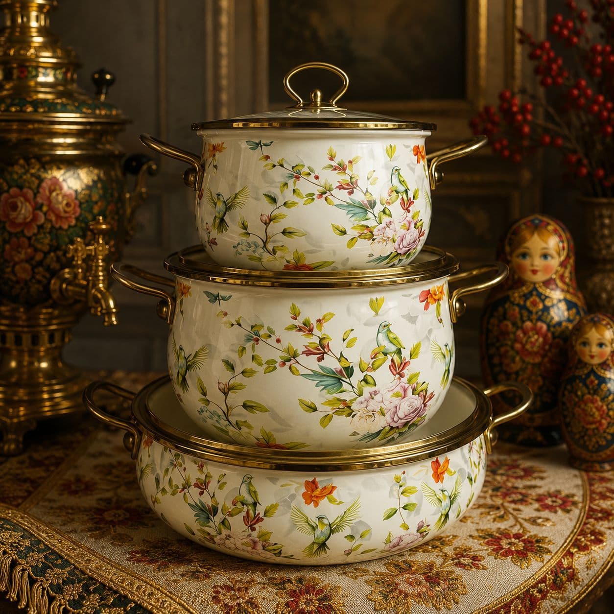 Vintage Enamel Cookware 3-Piece Set Seafood Pot Soup Pot Stew Pot Premium Enameled Cast Iron Pot Set