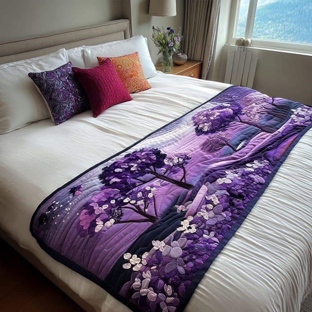 Cross-border supply purple floral and botanical pattern quilted bed runner digital printing all-season universal factory direct