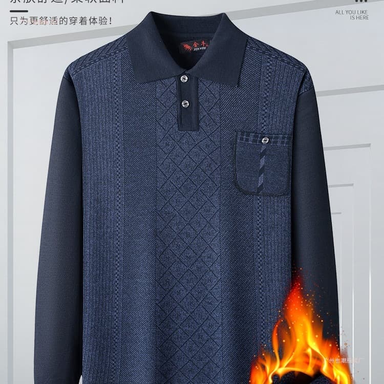 Dad Turn-Down Collar Sweater Fleece-Lined Thickened Men's Middle-Age Knitted Base Layer, Middle-Aged and Elderly Winter Grandpa Warm Top